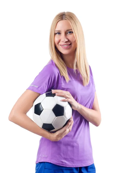 Woman playing football on white — Stock Photo, Image