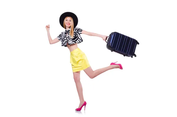 Jonge vrouw met koffer op wit — Stockfoto