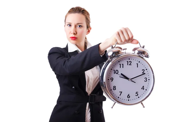 Žena podnikatelka s obřími hodinami — Stock fotografie