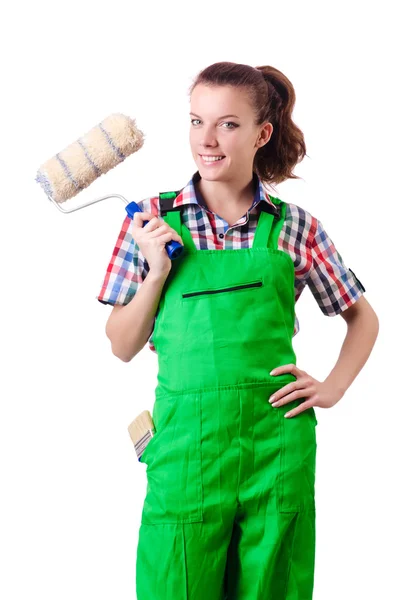 Woman painter with paintbrush on white — Stock Photo, Image