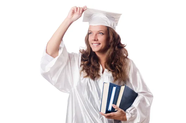 Absolvent mit Buch auf Weiß — Stockfoto