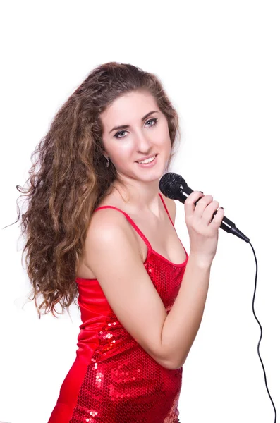 Mladá žena zpívá izolované na bílém — Stock fotografie