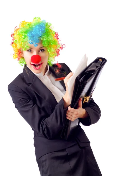 Woman clown in business suit — Stock Photo, Image