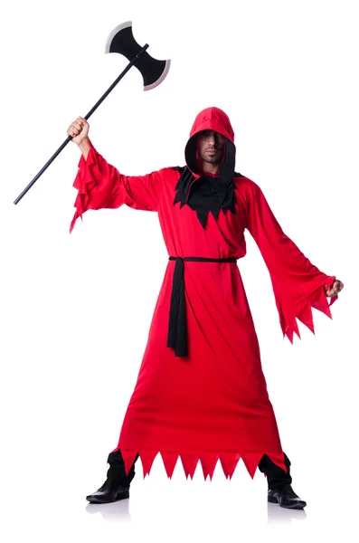 Executioner in red costume with axe on white — Stock Photo, Image