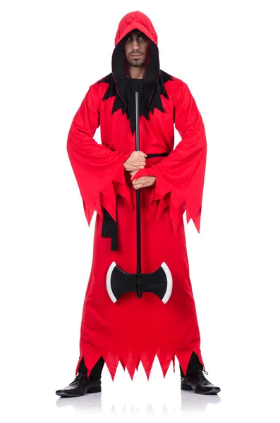 Verdugo en traje rojo con hacha en blanco —  Fotos de Stock