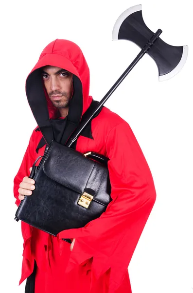 Executioner in red costume with axe on white — Stock Photo, Image