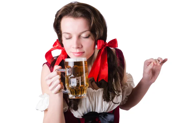 Bavarian girl with tray on white — Stock Photo, Image