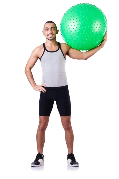 Man with swiss ball doing exercises on white — Stock Photo, Image