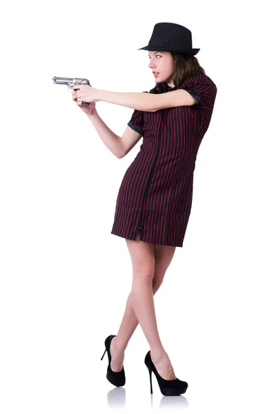 Woman gangster with handgun on white Stock Picture