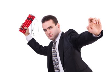 Dinamiti olan bir iş adamı beyazda izole edilmiş.