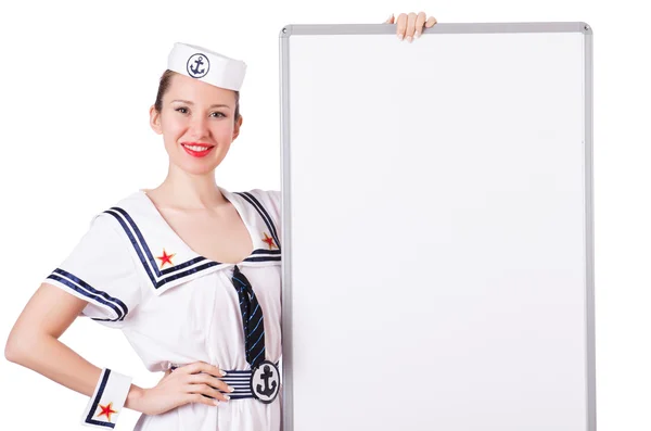 Woman sailor with blank board on white — Stock Photo, Image