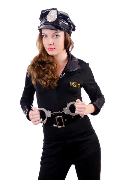 Женщина-полицейский в наручниках на белом — стоковое фото
