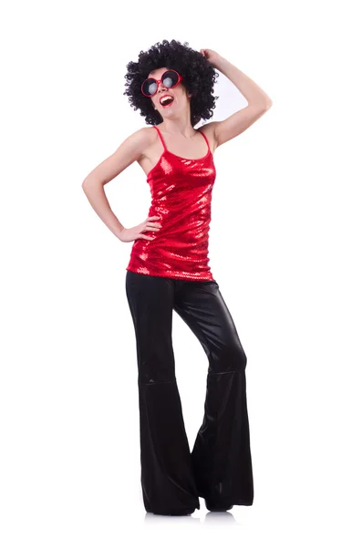 Dancer in black afro wig on white — Stock Photo, Image