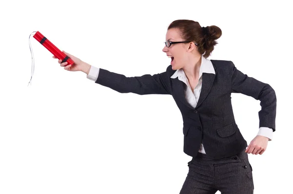 Businesswoman with dynamite on white — Stock Photo, Image