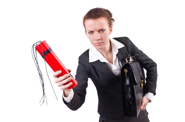 Businesswoman with dynamite on white — Stock Photo, Image