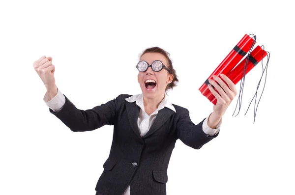 Businesswoman with dynamite on white — Stock Photo, Image