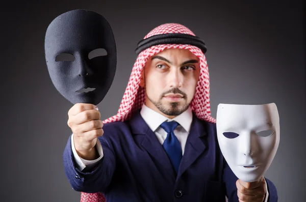 Arab with masks in dark studio — Stock Photo, Image