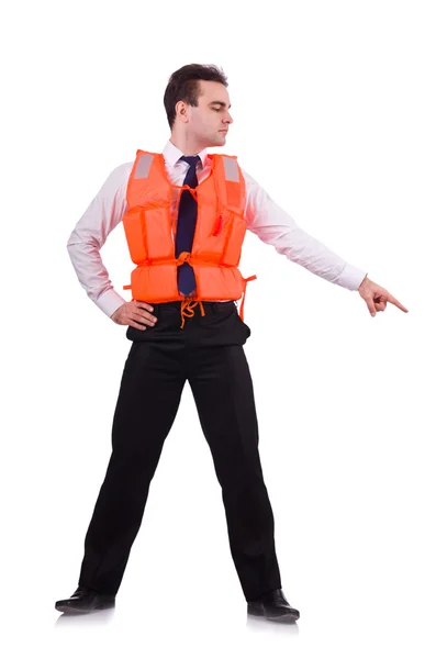 Businessman with rescue safety vest on white — Stock Photo, Image