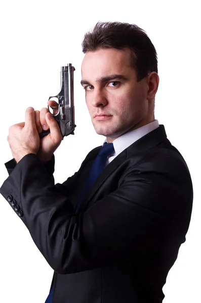 Affärsman med pistol isolerad på vit — Stockfoto