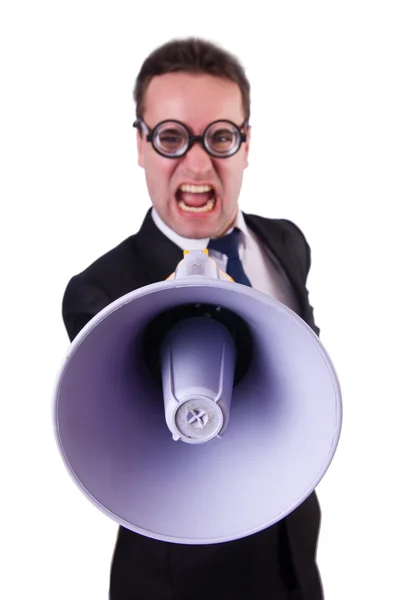 Young businessman with loudspeaker on white — Stock Photo, Image