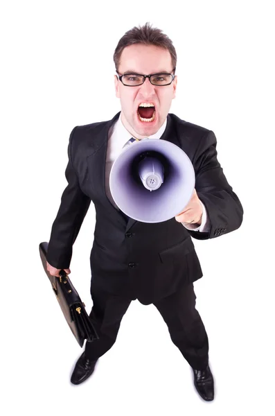 Young businessman with loudspeaker on white — Stock Photo, Image