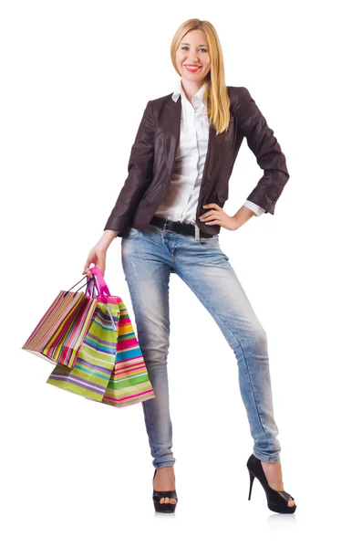 Young woman with bags after shopping — Stock Photo, Image