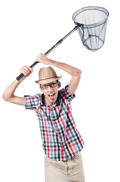 Gardener with net isolated on white — Stock Photo, Image