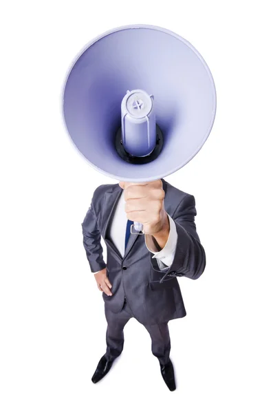 Young businessman with loudspeaker on white — Stock Photo, Image