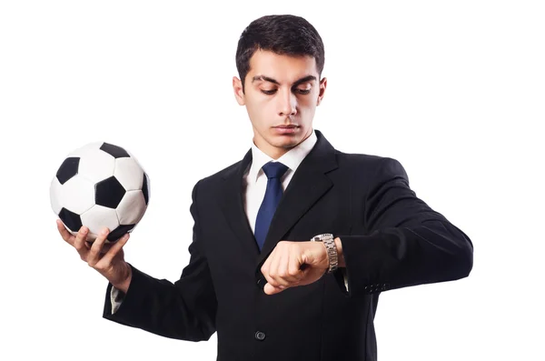 Young businessman with football on white — Stock Photo, Image