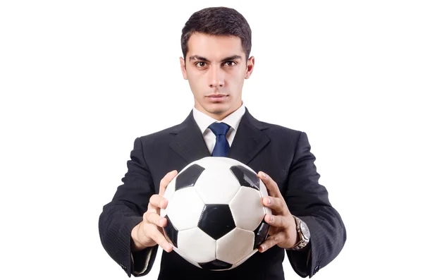 Young businessman with football on white — Stock Photo, Image