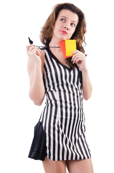 Woman referee with card on white — Stock Photo, Image