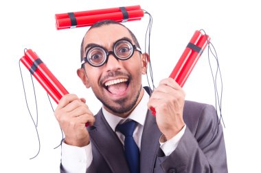 Dinamiti olan bir iş adamı beyazda izole edilmiş.