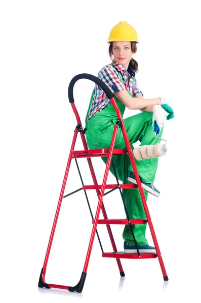 Woman repair worker with ladder — Stock Photo, Image
