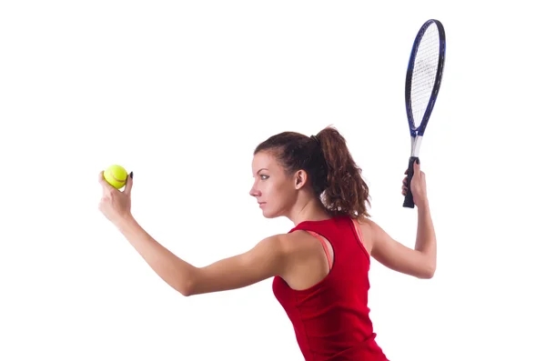 Kvinna som spelar tennis på vit — Stockfoto