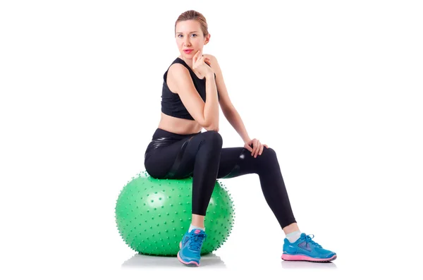 Femme faisant des exercices avec balle sur blanc — Photo