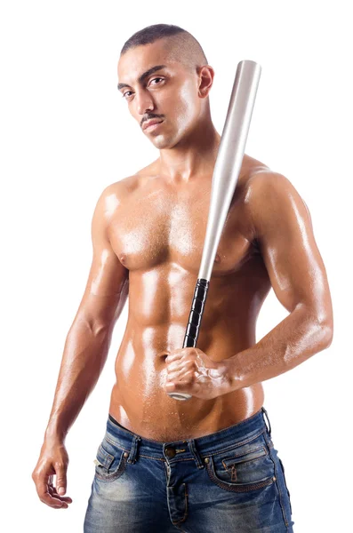 Homem muscular com bastão de beisebol no branco — Fotografia de Stock