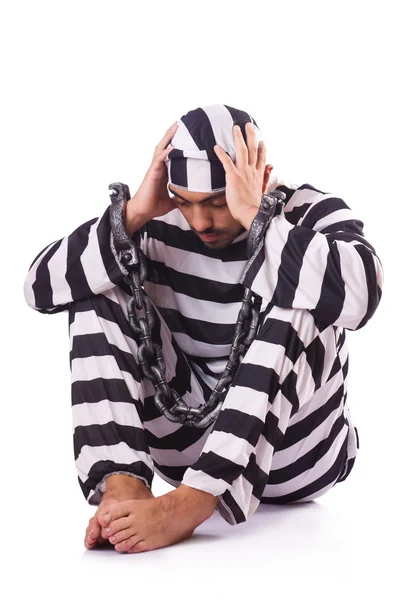 Gevangene in stiped uniform op wit — Stockfoto