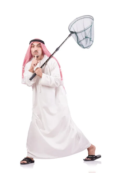 Arab businessman with catching net on white — Stock Photo, Image