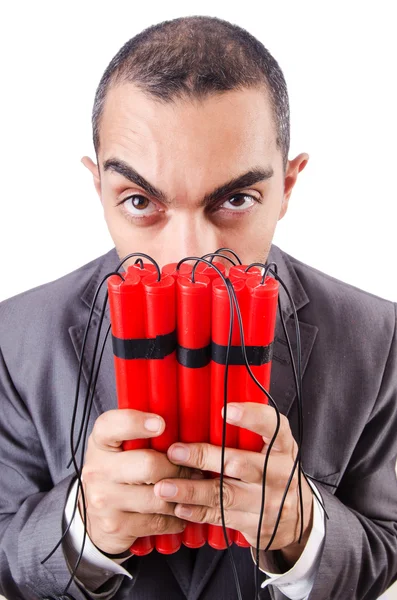 Businessman with dynamite isolated on white — Stock Photo, Image