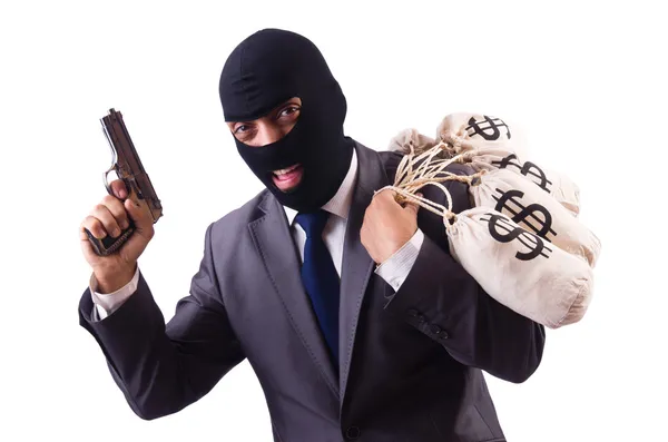 Gangster with bags of money on white — Stock Photo, Image