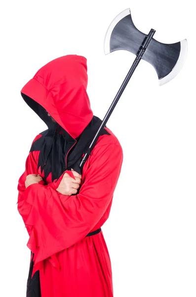 Executioner in red costume with axe on white — Stock Photo, Image