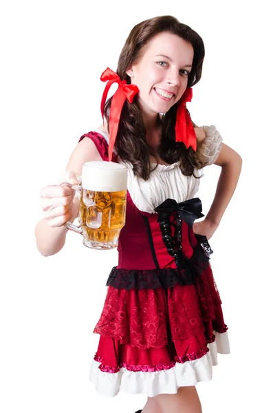 Bavarian girl with tray on white — Stock Photo, Image