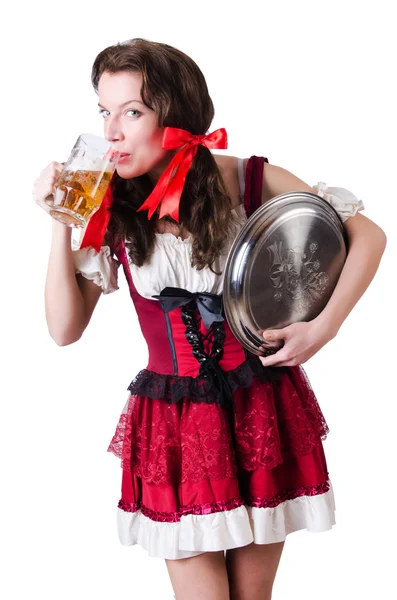 Bavarian girl with tray on white — Stock Photo, Image