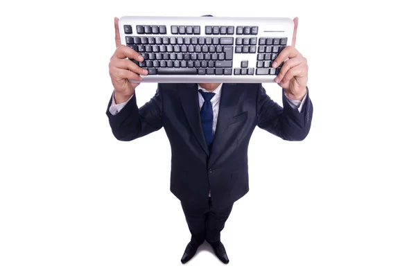 Nerd businessman with computer keyboard on white — Stock Photo, Image