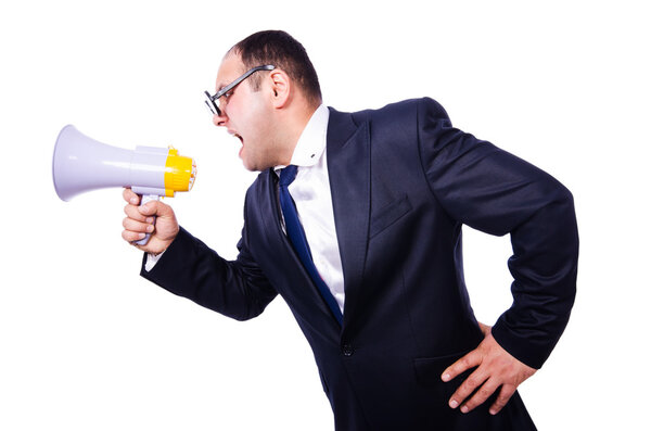 Funny man with loudspeaker on white