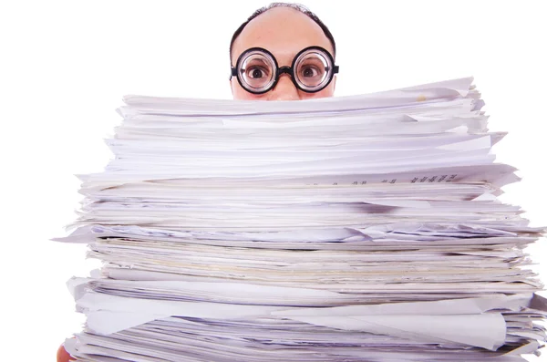 Funny man with lots of folders on white — Stock Photo, Image