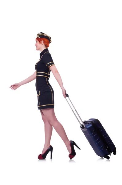 Airhostess met bagage op wit — Stockfoto