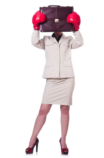 Geschäftsfrau mit Boxhandschuhen auf weiß — Stockfoto