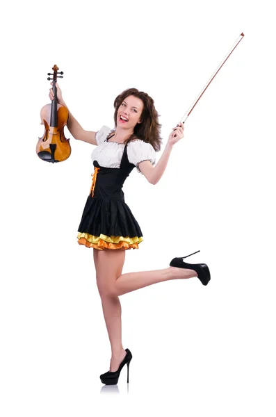 Junge Frau spielt Geige auf Weiß — Stockfoto
