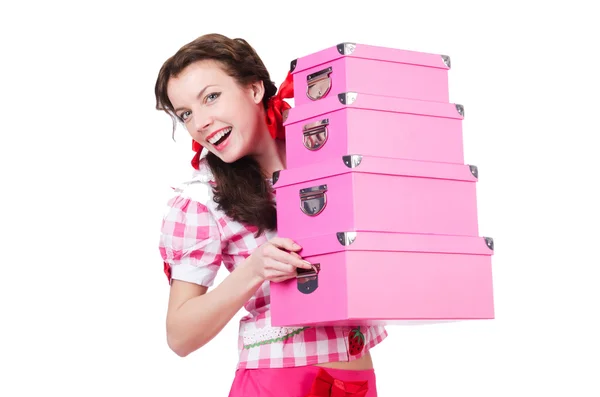 Young woman with storage boxes on white — Stock Photo, Image